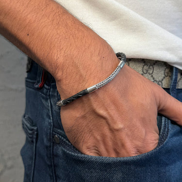 Men's Woven Bali chain Bracelet in 925 Sterling Silver & Black Leather