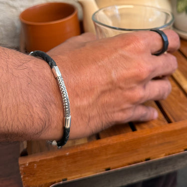 Men's Woven Bali chain Bracelet in 925 Sterling Silver & Black Leather
