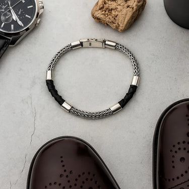 Men's Woven Bali chain Bracelet in 925 Sterling Silver & Black Leather