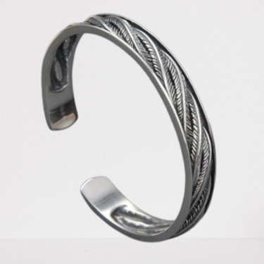 Feather weaven pattern cuff bangle in 925 sterling silver
