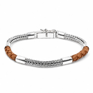 Men's Woven Bali chain Bracelet in 925 Sterling Silver & Brown Leather