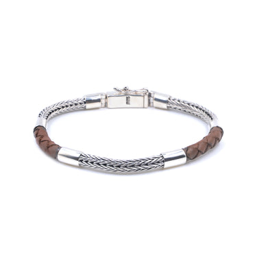 Men's Woven Bali chain Bracelet in 925 Sterling Silver & Brown Leather
