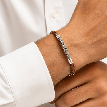 Men's Woven Bali chain Bracelet in 925 Sterling Silver & Brown Leather