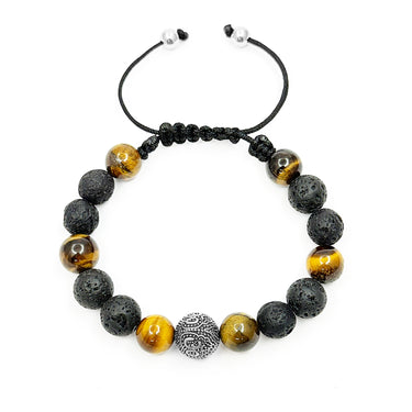 The Urban Pod Macramé Bracelet in Om bead in 925 sterling silver with Volcanic lava and Yellow tiger eye Gemstones