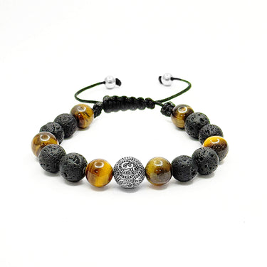 The Urban Pod Macramé Bracelet in Om bead in 925 sterling silver with Volcanic lava and Yellow tiger eye Gemstones