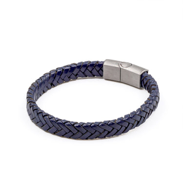 Navy Blue Flat Leather Bracelet With Brushed Stainless Steel Lock