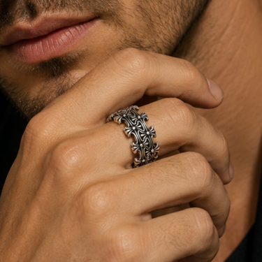 925 Sterling Silver Gothic Cross Band Ring | Vintage Oxidized Statement Ring